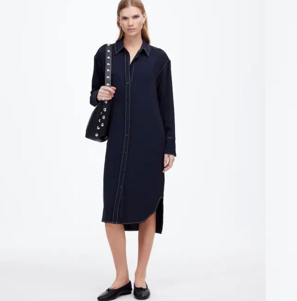 NWT Madewell Navy Blue Contrast Stitched Long Sleeve Midi Shirtdress Size XS